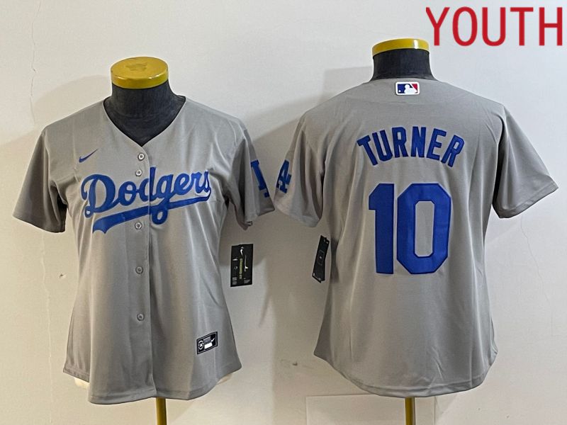 Youth Los Angeles Dodgers 10 Turner Grey Nike Game MLB Jersey style 3